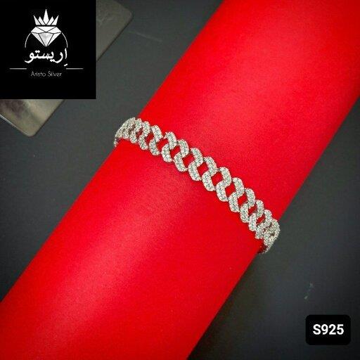 دستبند نقره کارتیر میکرو فول نگین با عیار 925 و آبکاری طلاسفید بدون ریزش نگین
